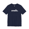 Snails unisex tee in navy blue - wildlife advocate apparel by Animals, Period. Soft 100% Airlume combed ring-spun cotton, 4.2 oz, classic crew neck. Snails have existed for 500 million years. Over 40% of all recorded animal extinctions since 1500 have been land snails. Every purchase funds no-kill rescues.