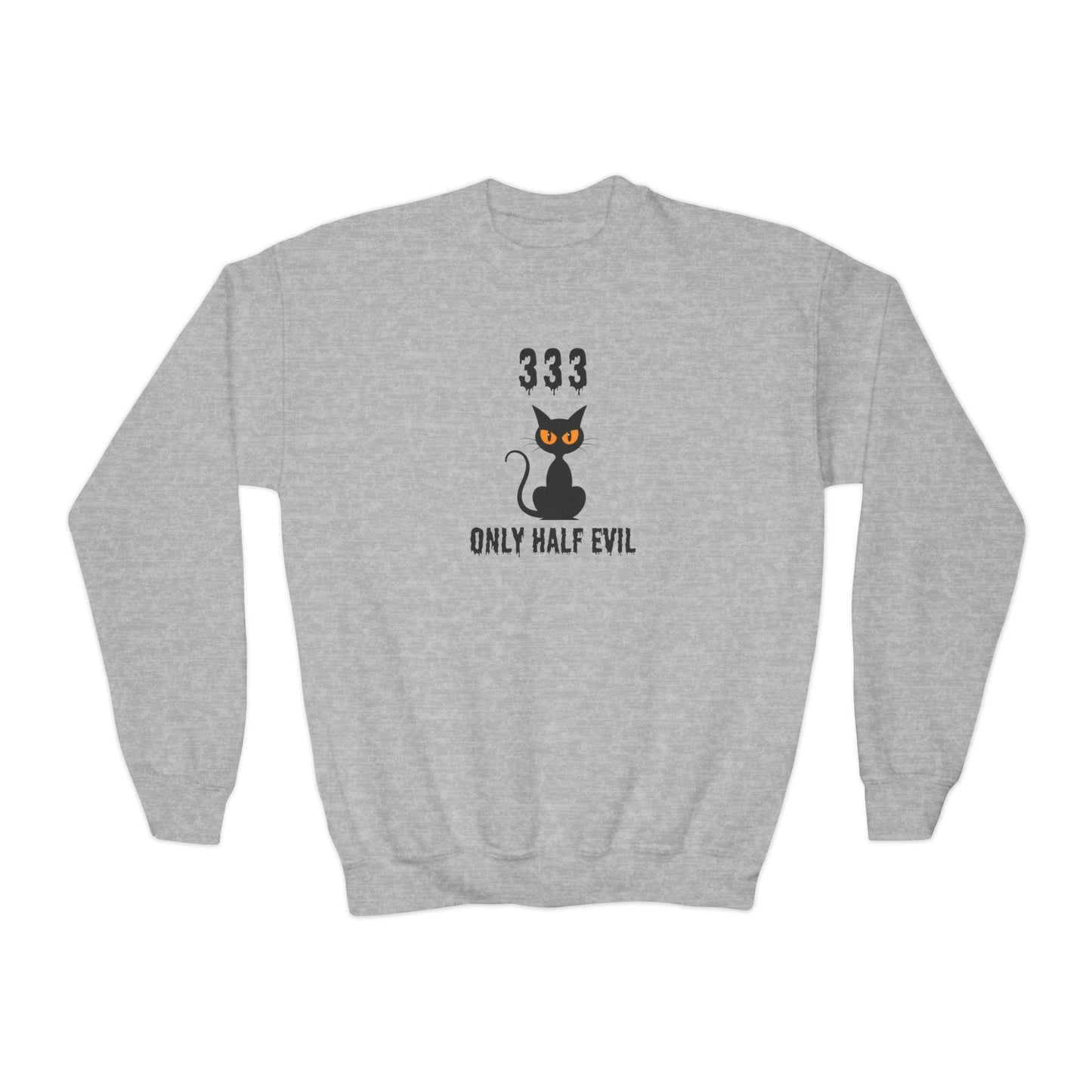 Printify Sweatshirts Sport Grey / S Only Half Evil Cat Youth Crewneck Halloween Sweatshirt