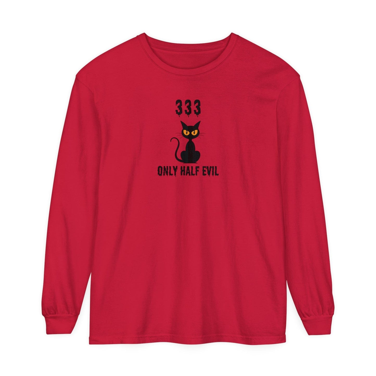 Printify T-Shirts Red / S ONLY HALF EVIL Cat Unisex Long Sleeve Halloween Tee